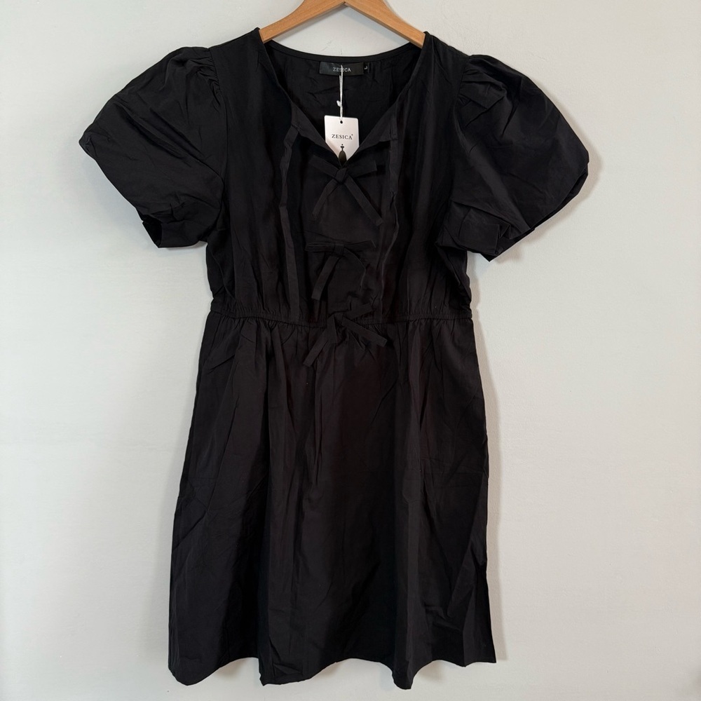 Zesica Black Puff Sleeve Mini Dress, Front Ties, NWT, Size L